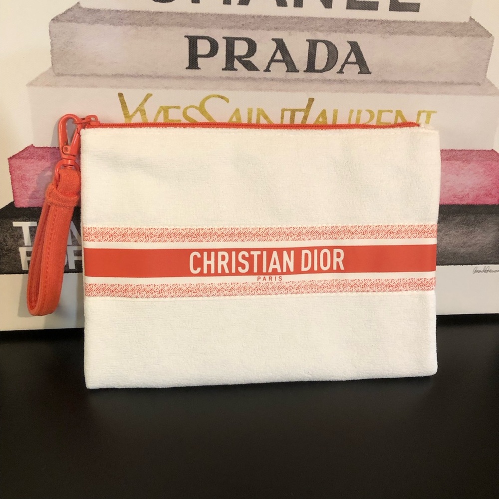 Dior Terry Cloth Clutch Travel Bag Pouch Wristlet White & Coral BRAND NEW